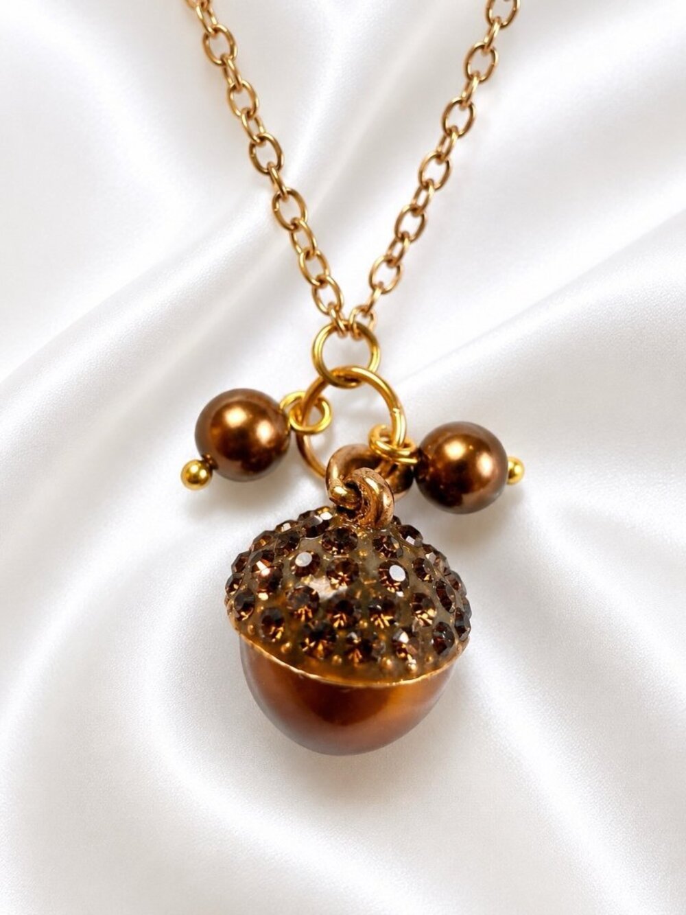 Vintage Gold Tone Enamel Acorn Pendant Necklace Brown Crystal Adjustable 18” - Picture 4 of 9